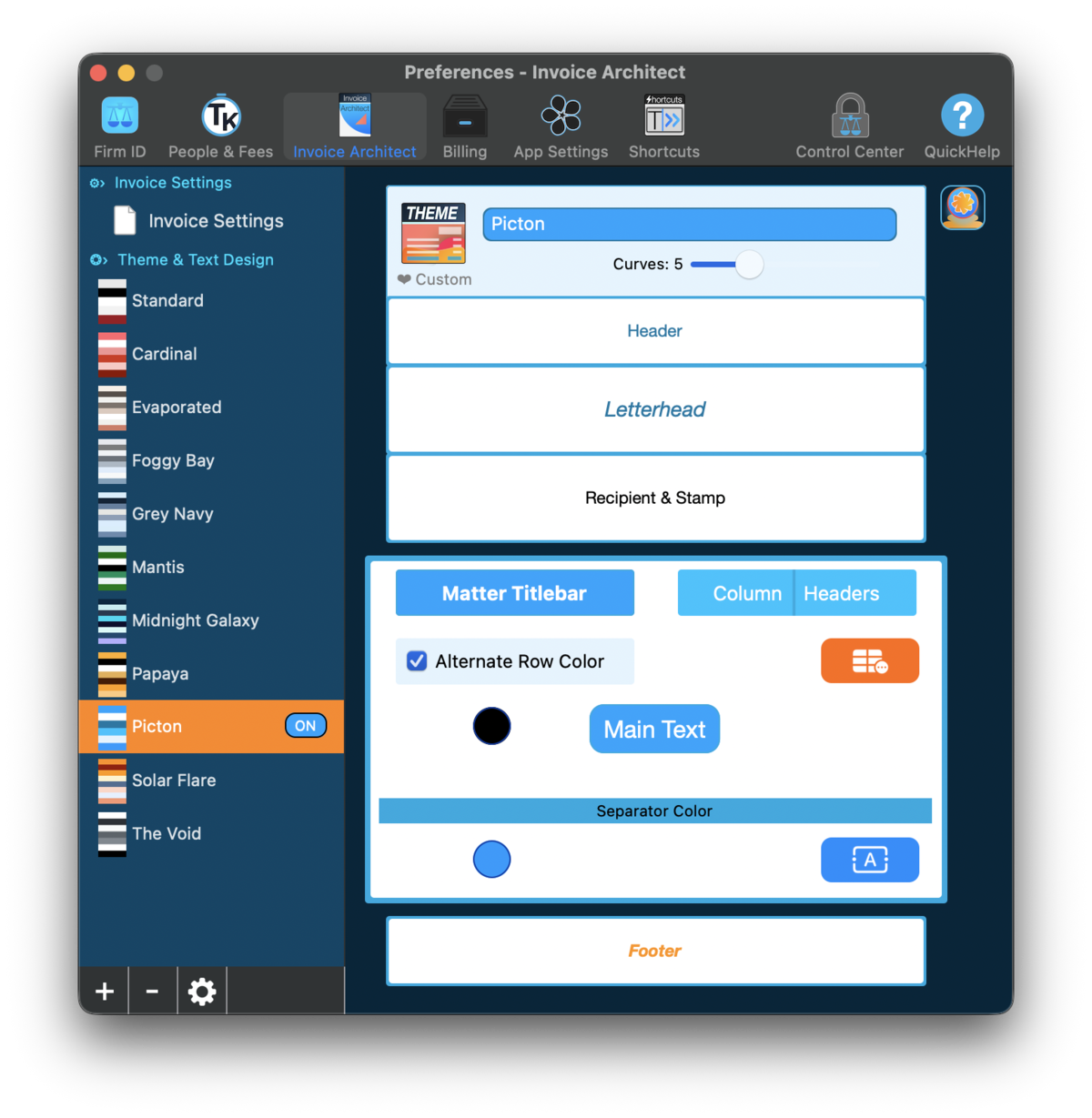 Invoice Architect visual editor showing section grid and color controls