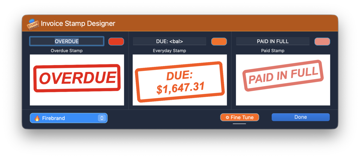 Invoice Stamp Designer showing OVERDUE, DUE amount, and PAID IN FULL stamps