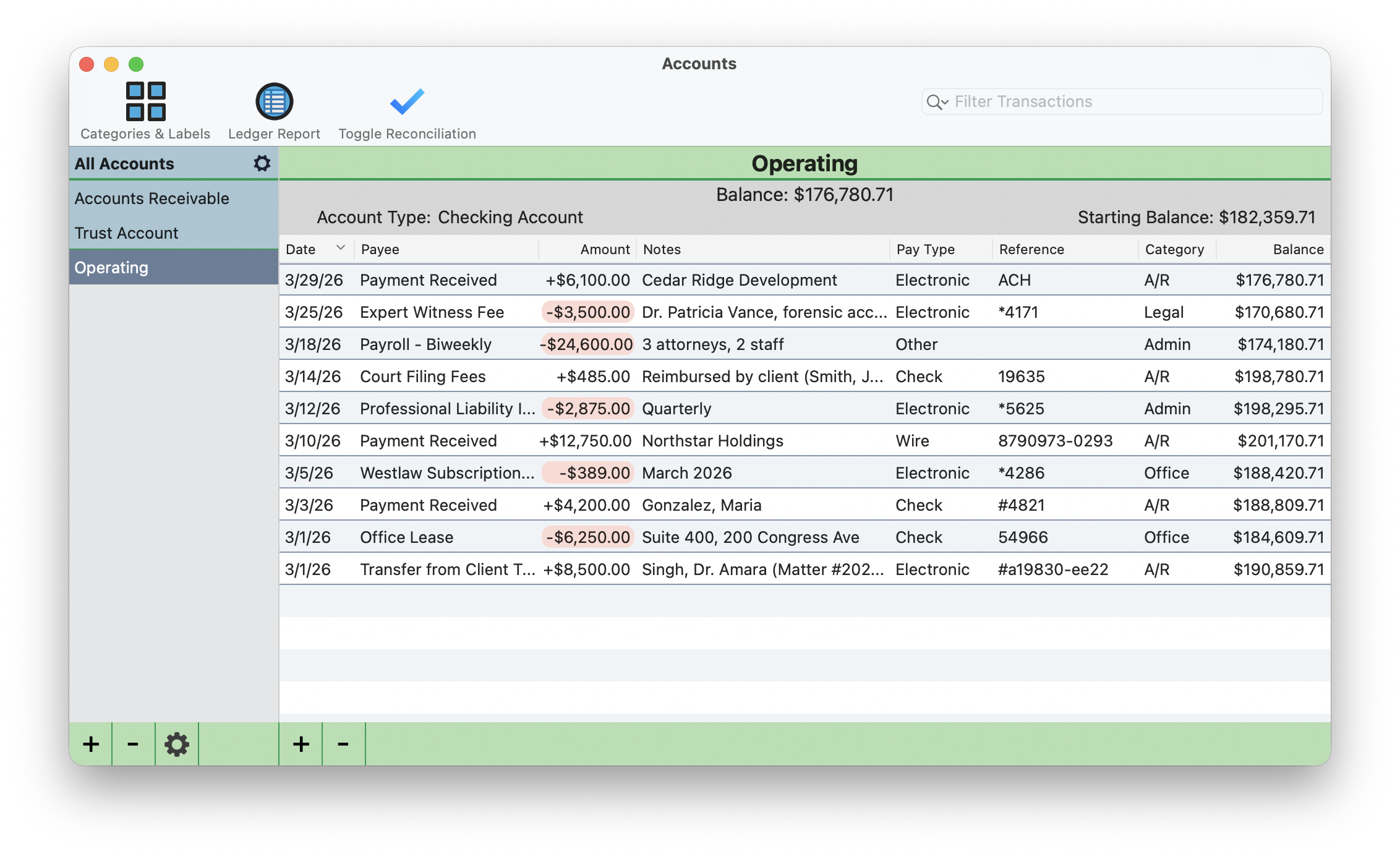 Operating account ledger showing balance of $176,780.71, account type Checking Account, starting balance of $182,359.71, with transaction table displaying deposits in green and withdrawals in red with pink highlight