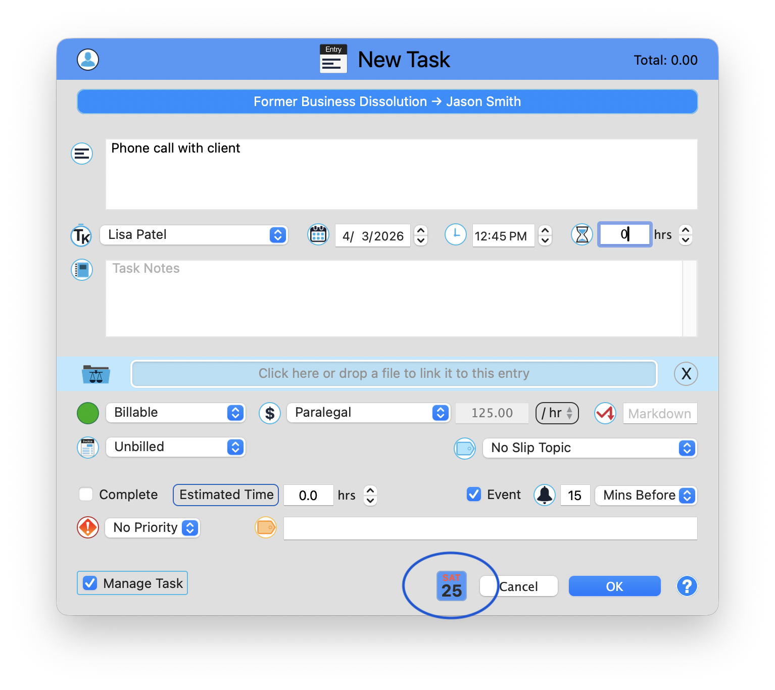 Entry form showing the Sync to Apple Calendar button at the bottom, next to Cancel and OK