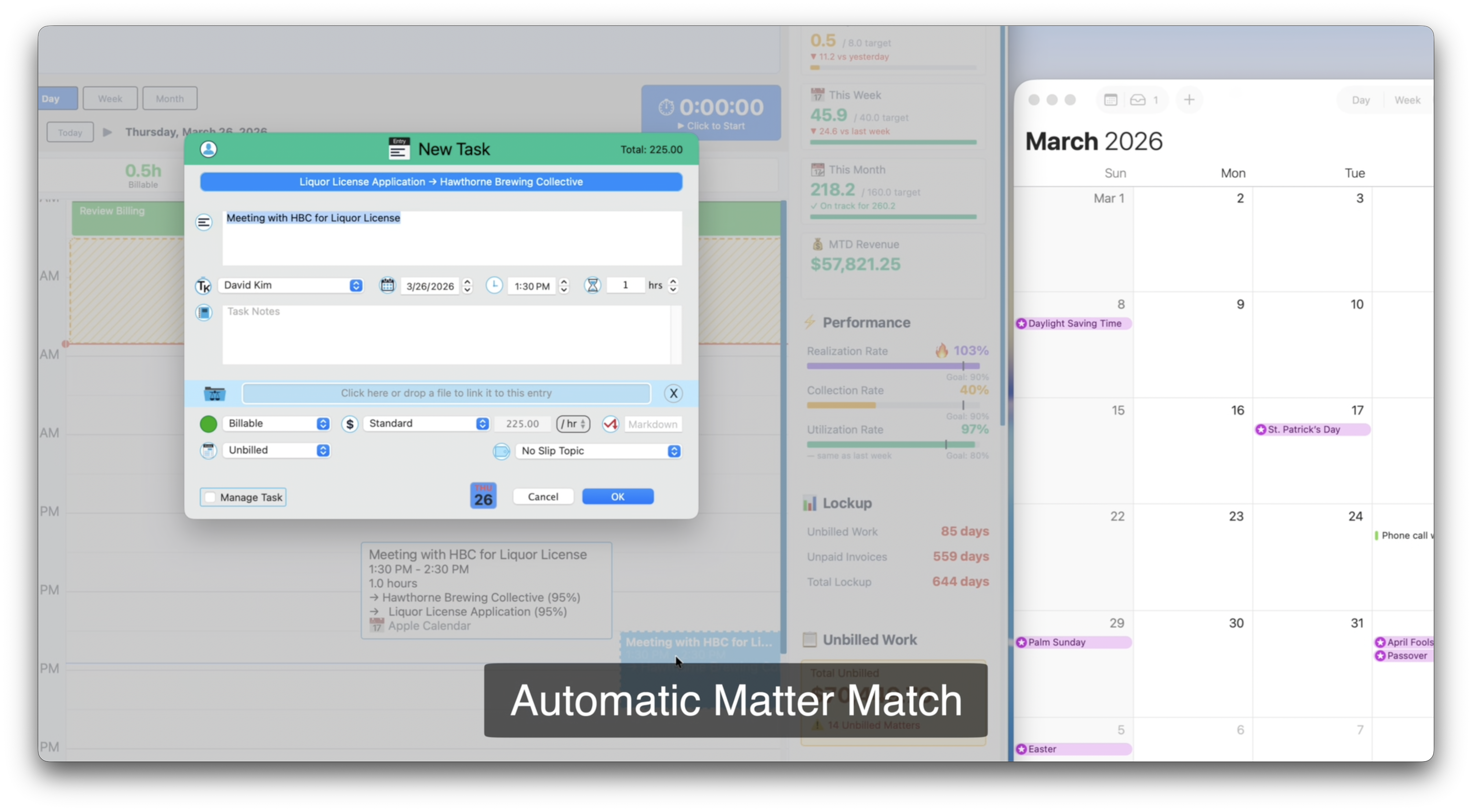 New entry form pre-filled from a calendar event showing Automatic Matter Match with 95% confidence for Hawthorne Brewing Collective - Liquor License Application