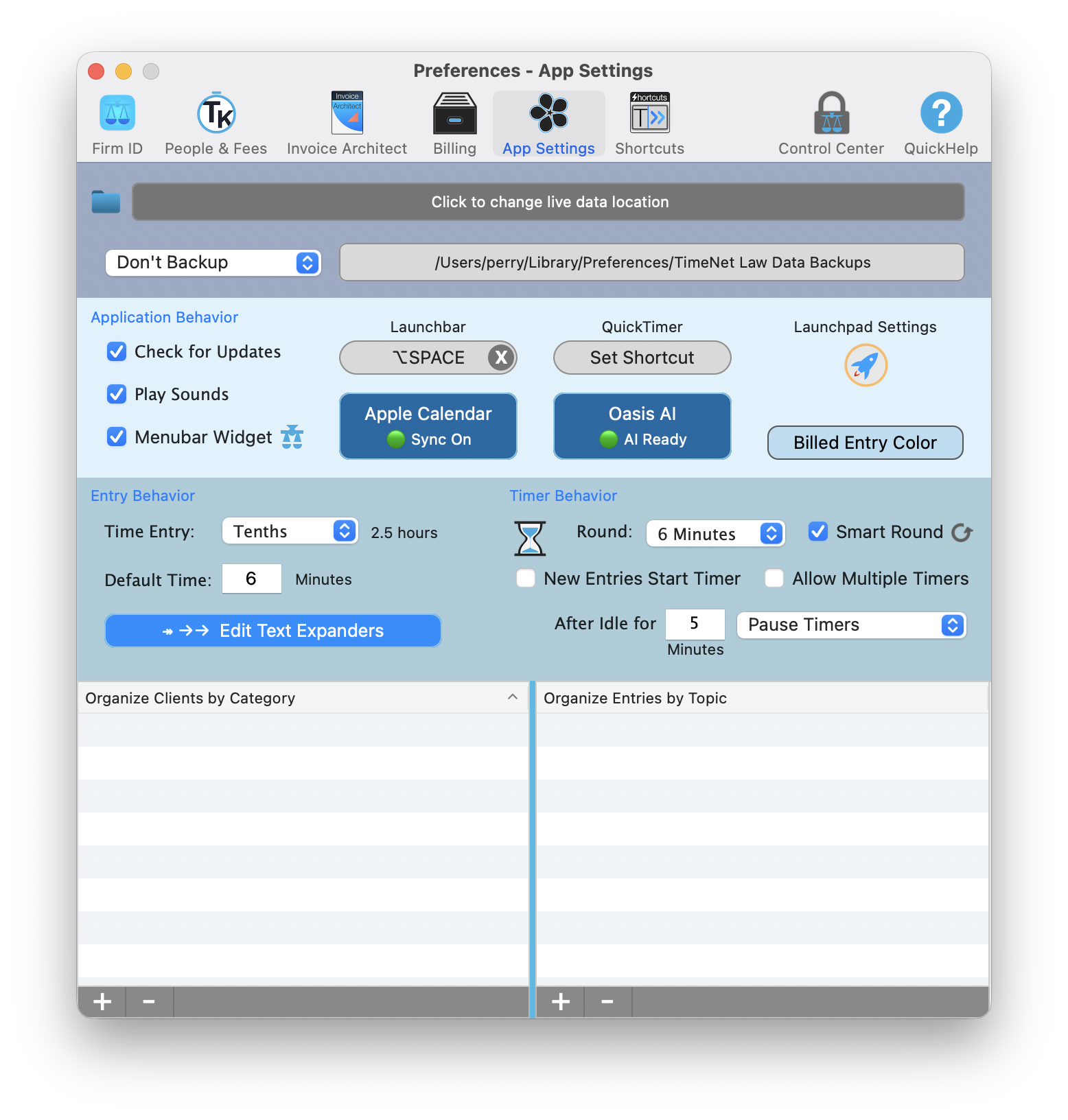 Preferences - App Settings window showing the blue Apple Calendar button with Sync On indicator