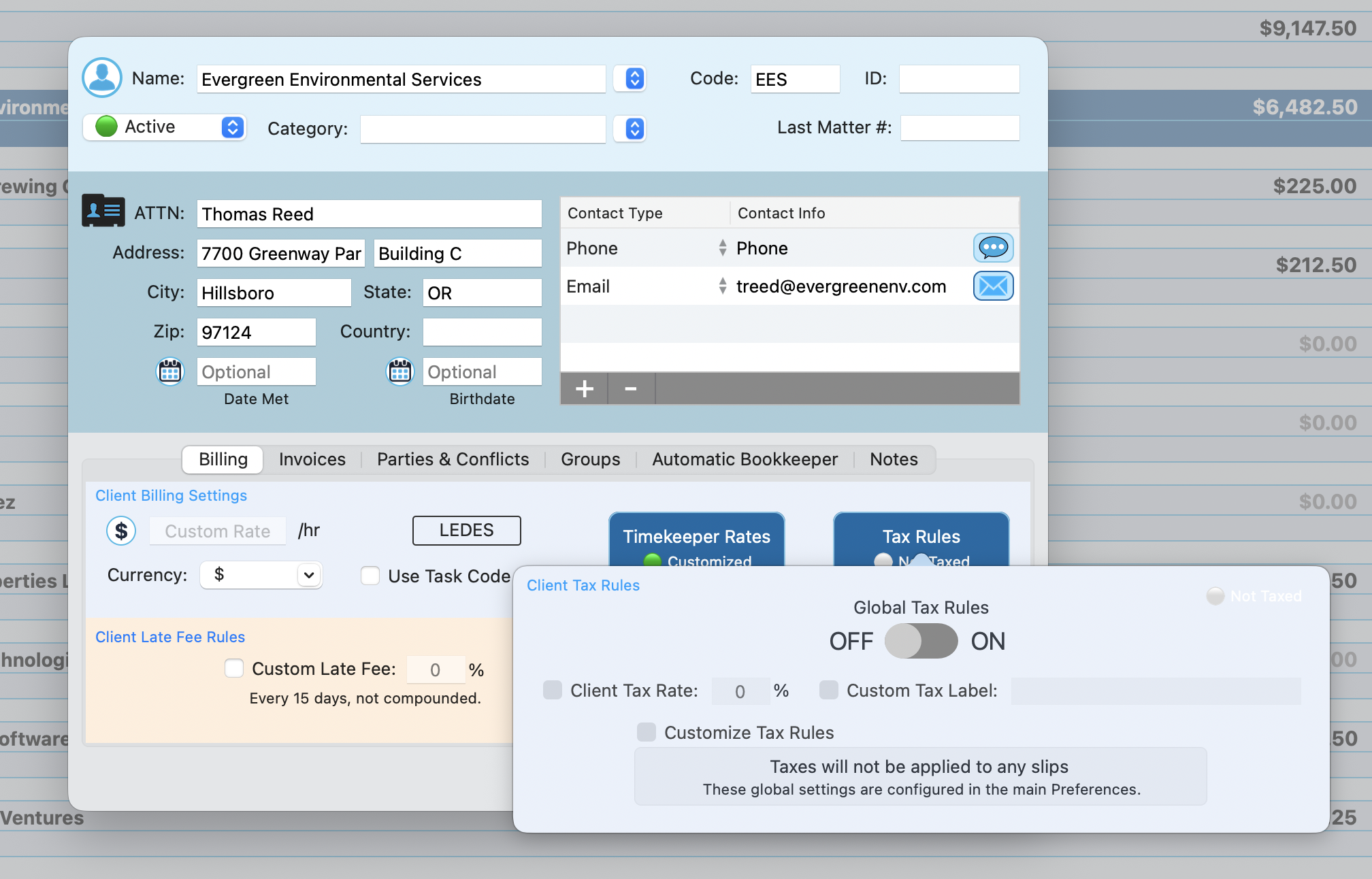 Billing tab with Tax Rules popover showing global toggle and custom tax settings