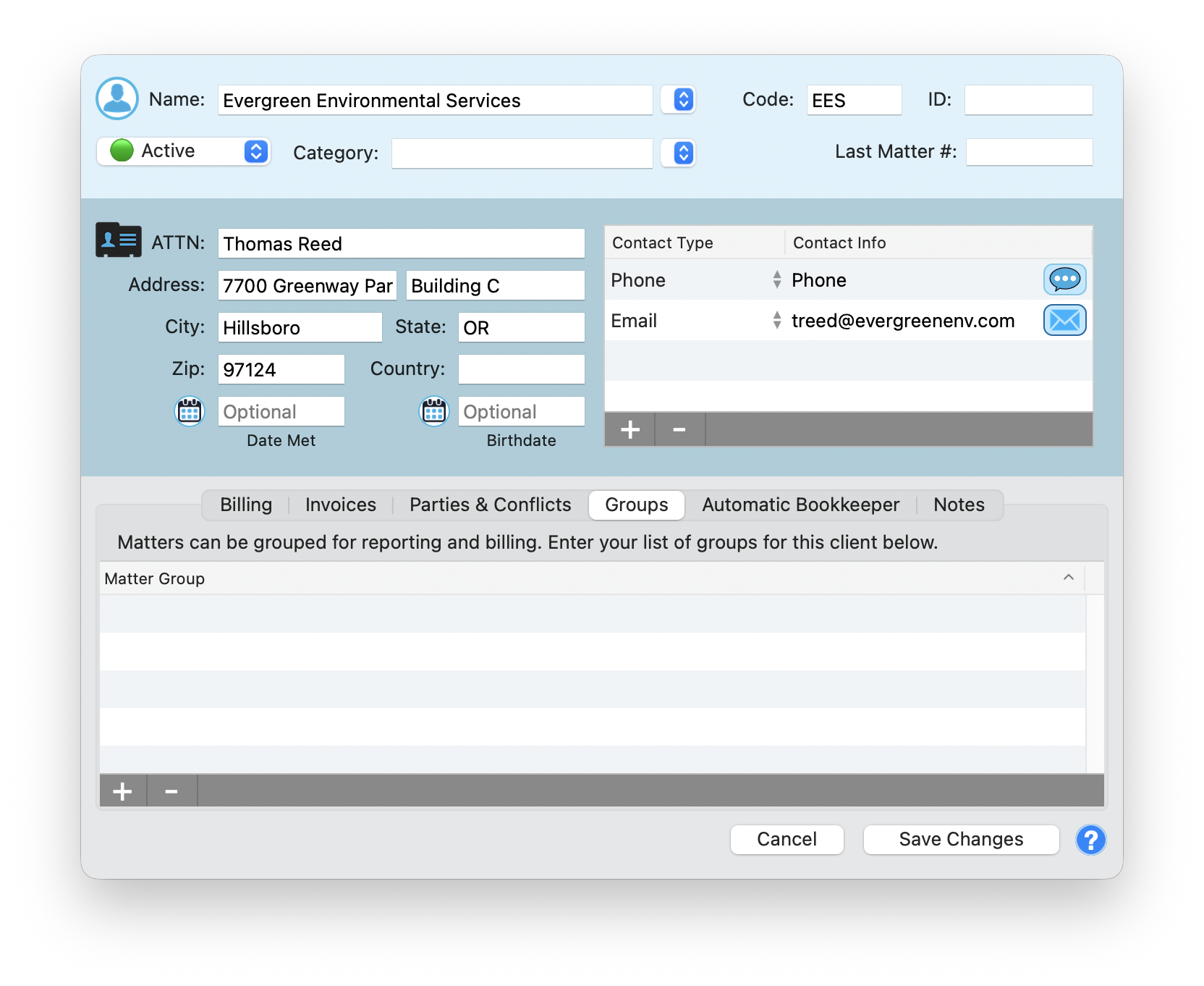 Groups tab showing Matter Group column with add and remove buttons