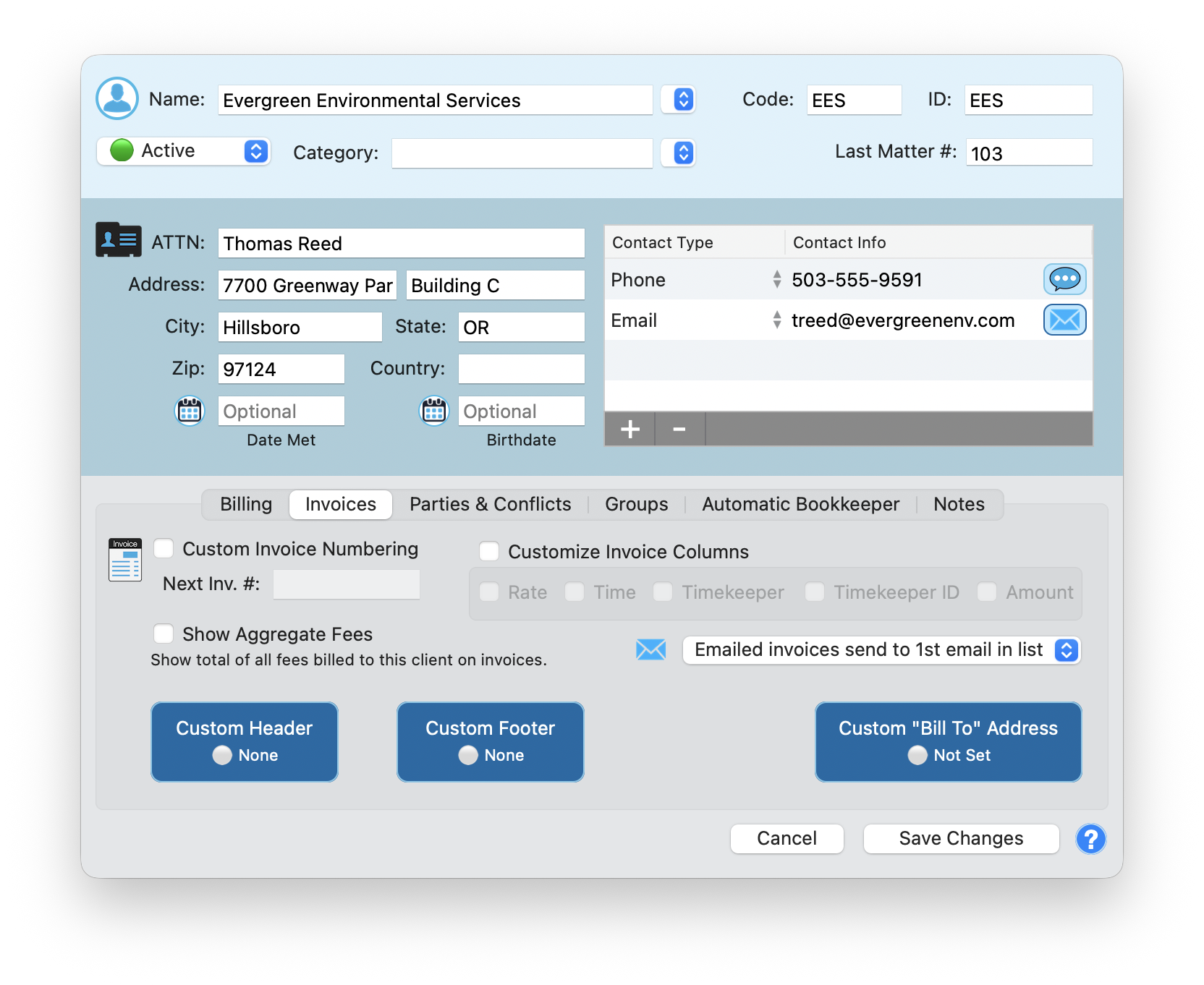 Invoices tab showing custom numbering, column options, aggregate fees, email routing, and custom header/footer buttons