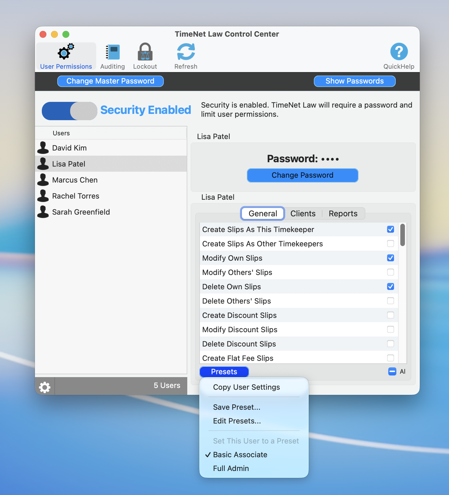 TimeNet Law Control Center showing User Permissions with security settings and permission checkboxes