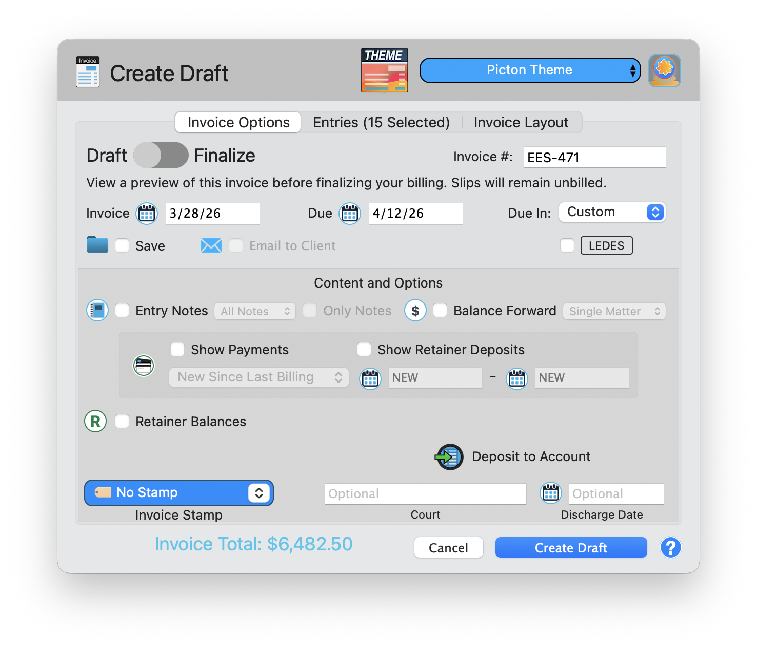 Create Draft dialog for a single matter showing Picton Theme selector, Invoice number EES-471, Draft/Finalize toggle, date fields, LEDES export button, Entry Notes, Balance Forward, Show Payments, Retainer Balances, Deposit to Account, Invoice Stamp, and Invoice Total of $6,482.50