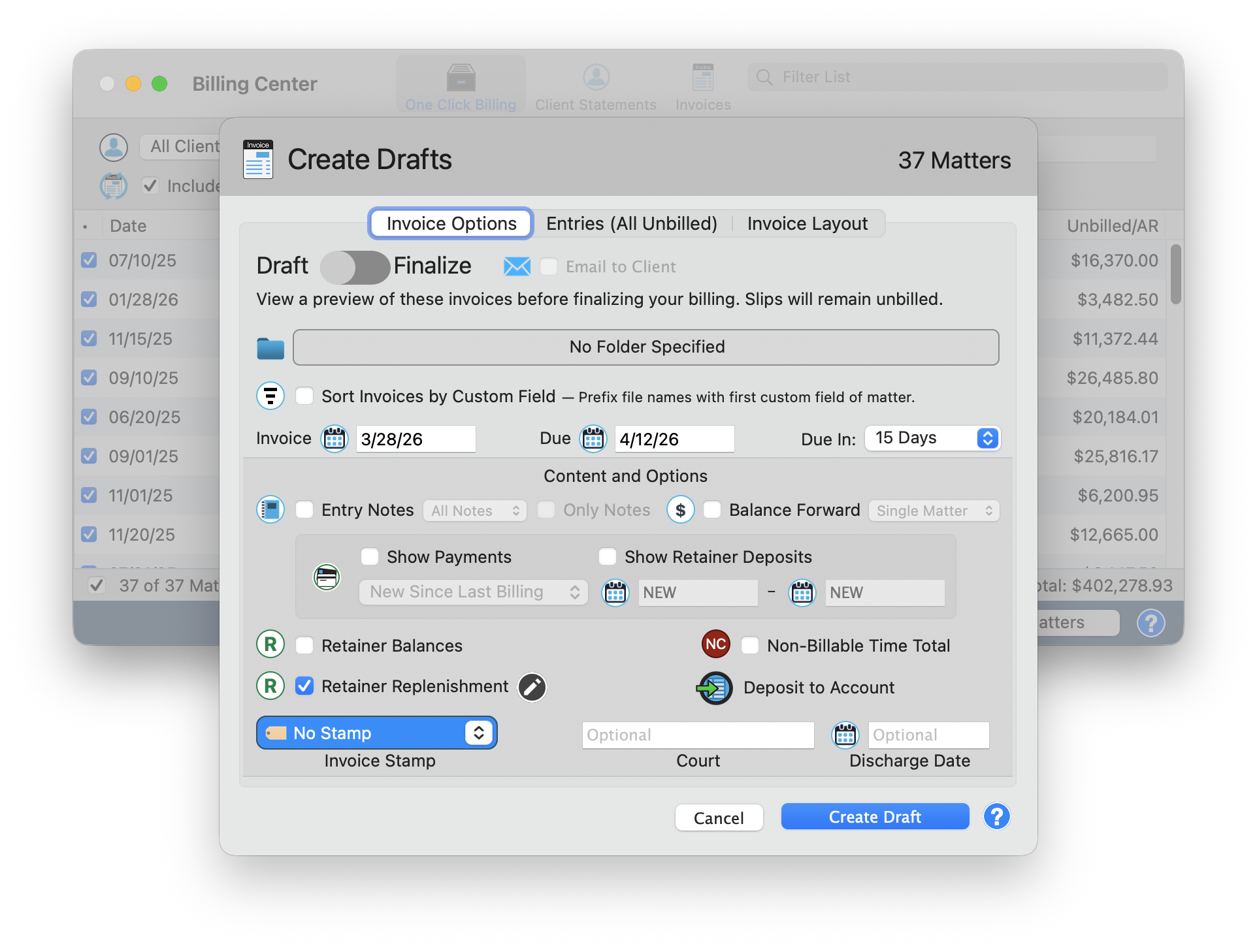 Create Drafts dialog for batch billing across 37 matters from the Billing Center, showing Draft/Finalize toggle, Sort Invoices by Custom Field, Retainer Replenishment enabled, Non-Billable Time Total option, and $402,278.93 total across all matters