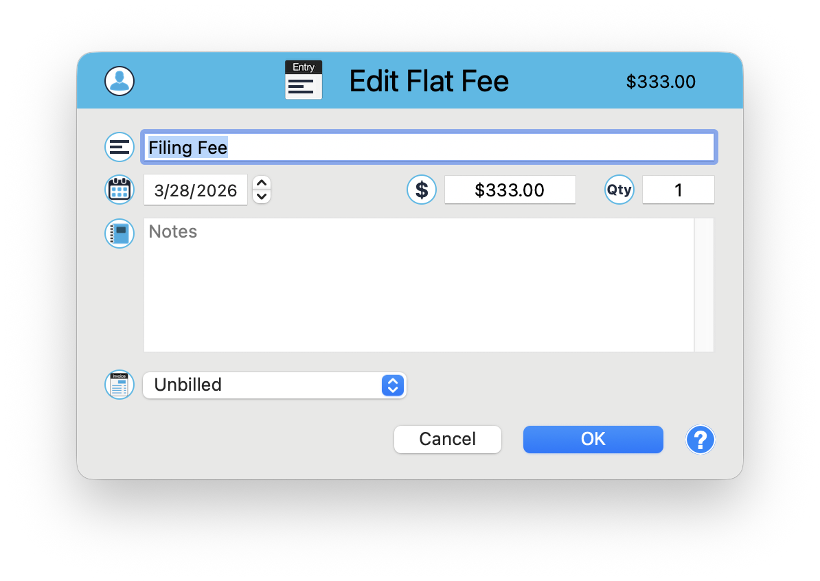 Edit Flat Fee window showing description, date, amount, quantity, notes, and unbilled status