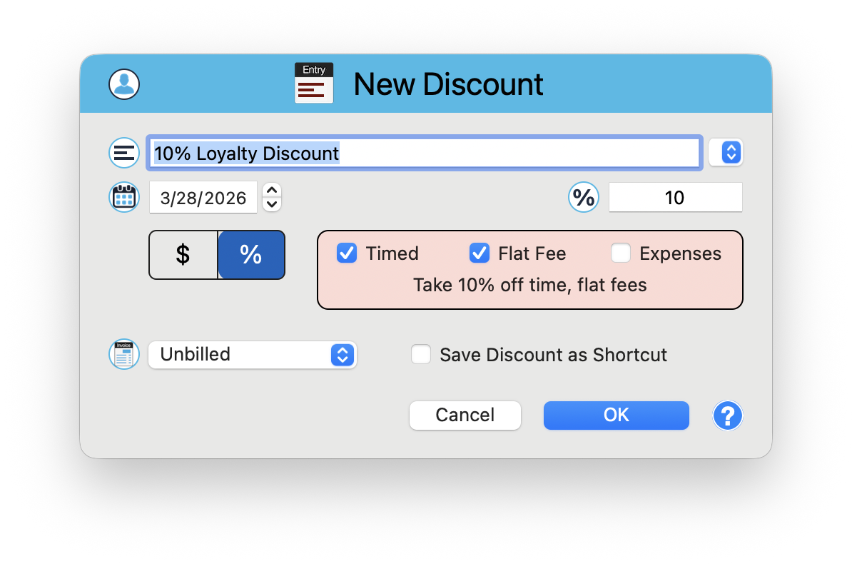 New Discount window showing description with dropdown, date, percentage toggle, entry type checkboxes for Timed, Flat Fee, and Expenses, summary text, and Save Discount as Shortcut option