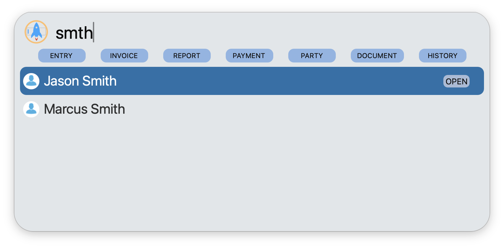 Searching 'smth' finds Jason Smith and Marcus Smith