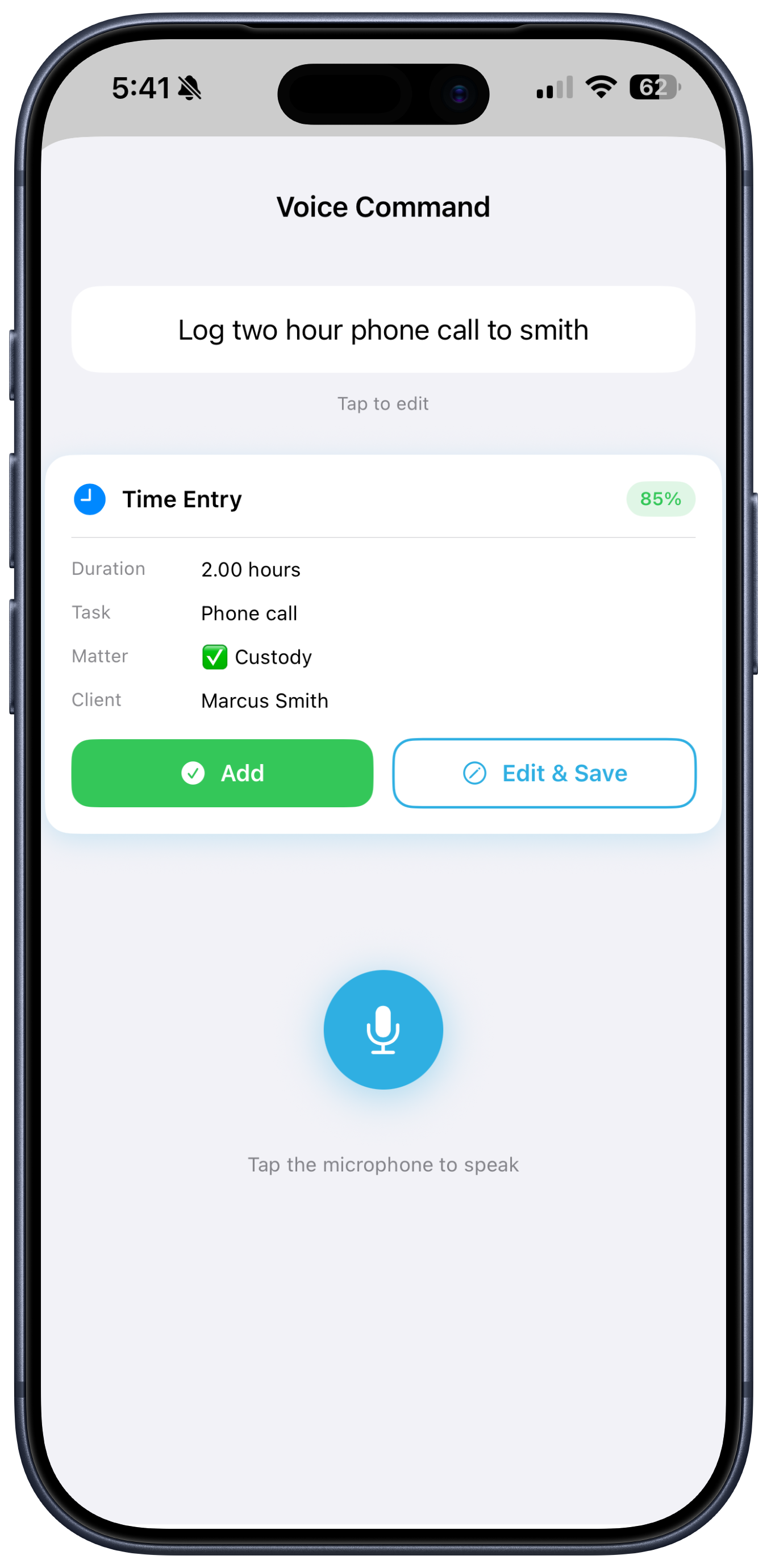 iOS Voice Command — fully parsed entry ready to log