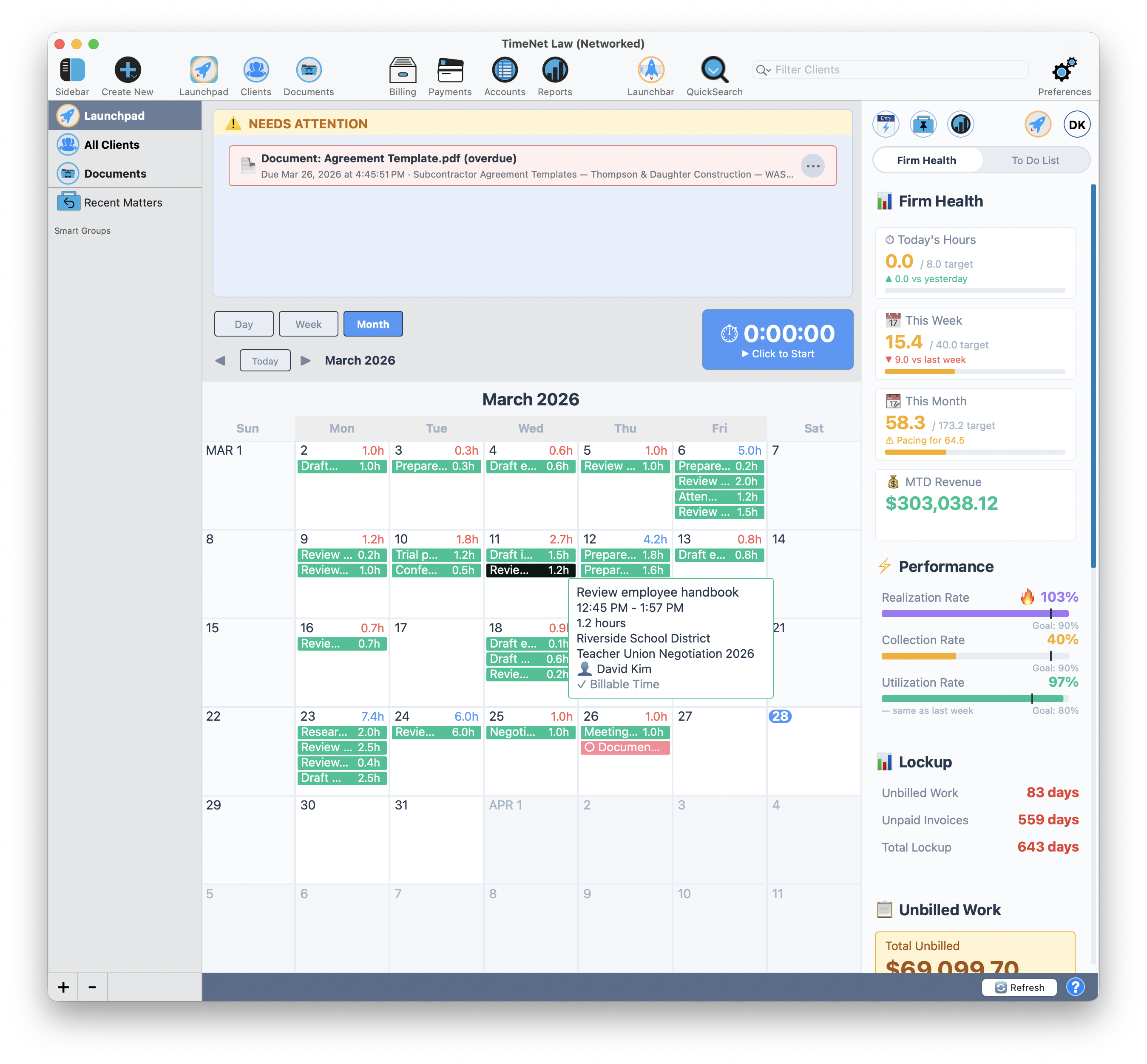 Launchpad Month View showing March 2026 calendar grid with daily billable hour totals, color-coded entries, and hover tooltip revealing entry details