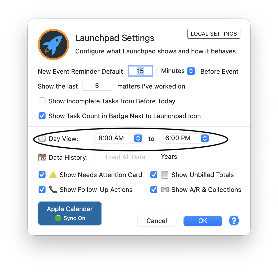 Launchpad Settings dialog showing event reminder defaults, recent matters count, task options, Day View hours, dashboard card visibility toggles, and Apple Calendar sync status
