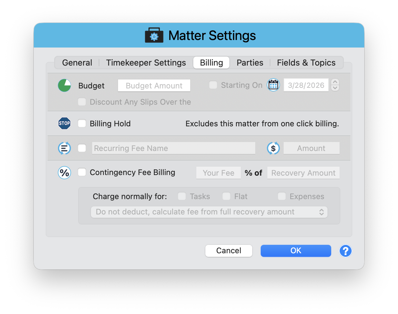 Matter Settings Billing tab showing Budget Amount, Billing Hold, Recurring Fee, and Contingency Fee Billing options