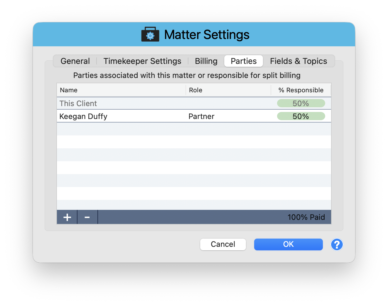 Matter Settings Parties tab showing split billing with This Client at 50% and Keegan Duffy (Partner) at 50%, totaling 100% Paid