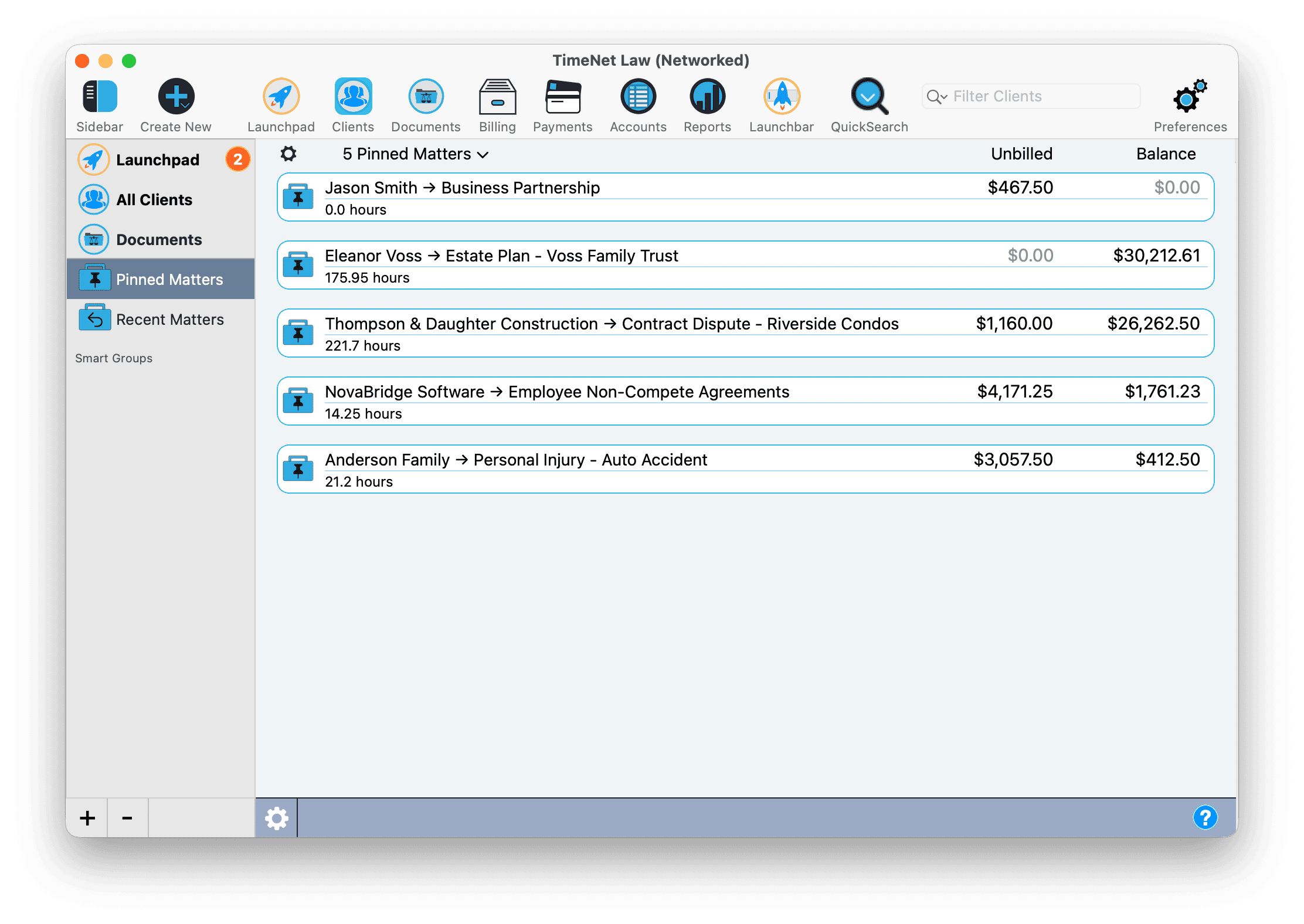 Pinned matters showing active matters with quick-action icons for instant access