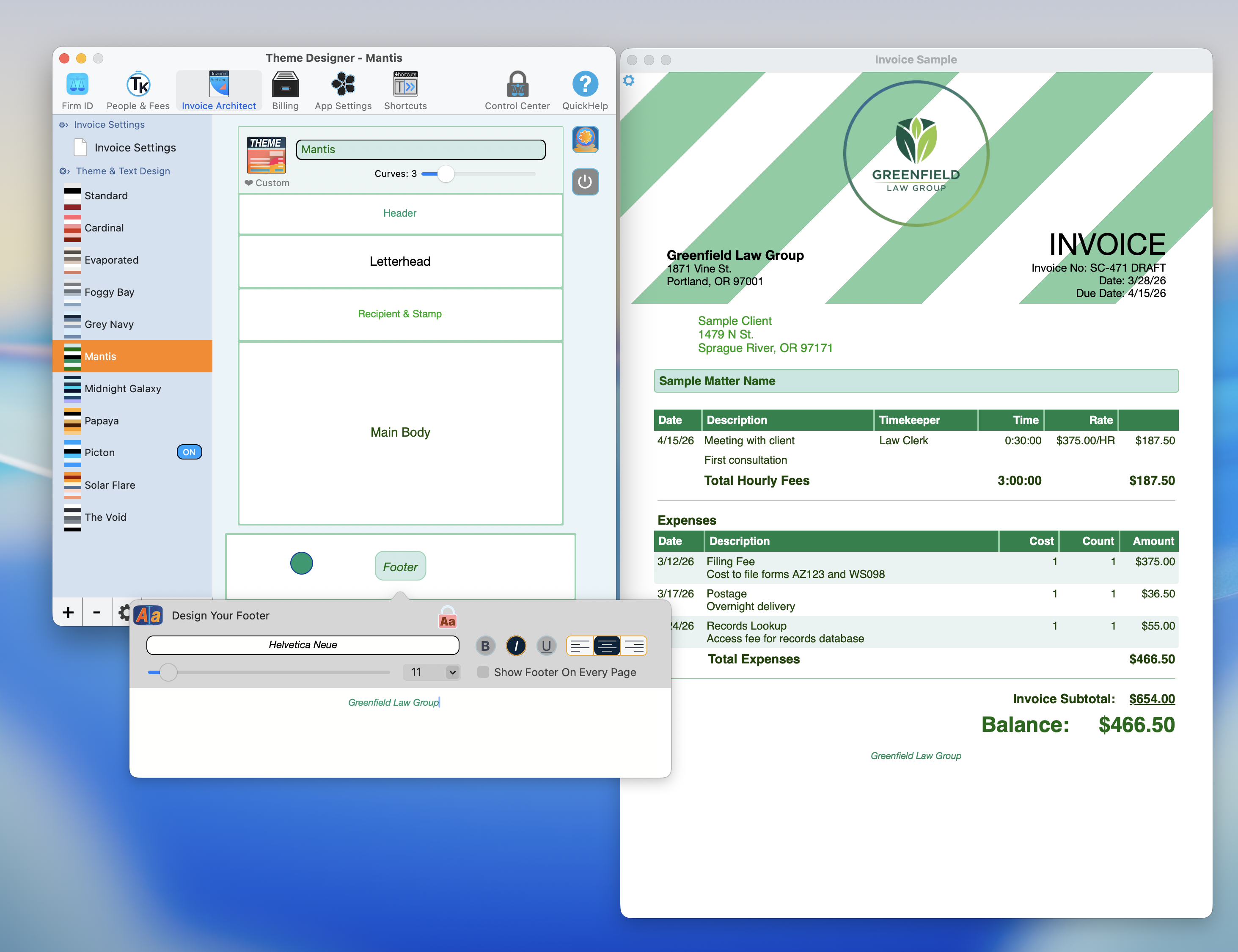 Footer Designer with font controls, text alignment, Show Footer On Every Page checkbox, and rich text editing area