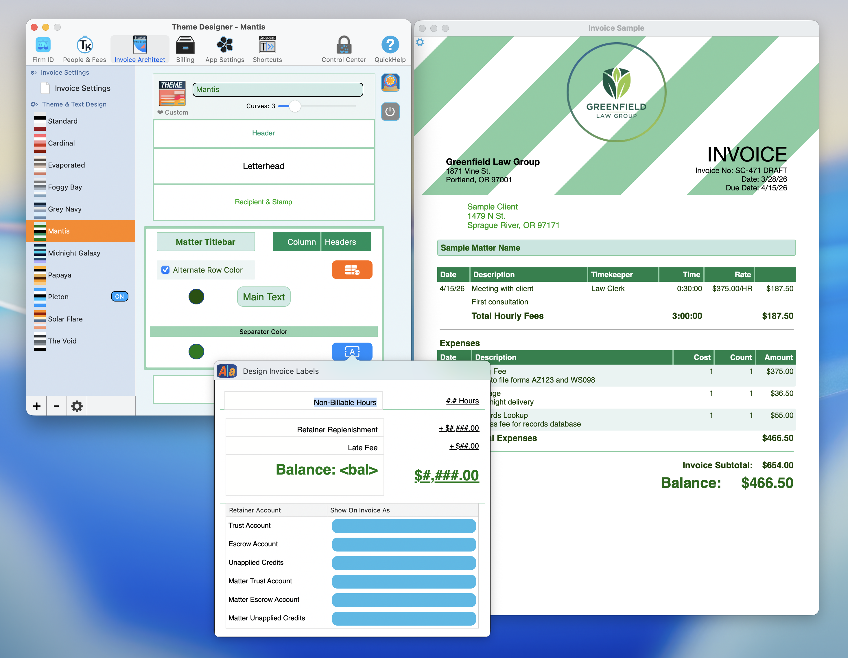 Invoice Labels panel showing customizable labels for Non-Billable Hours, Retainer Replenishment, Late Fee, Balance, and retainer account terminology