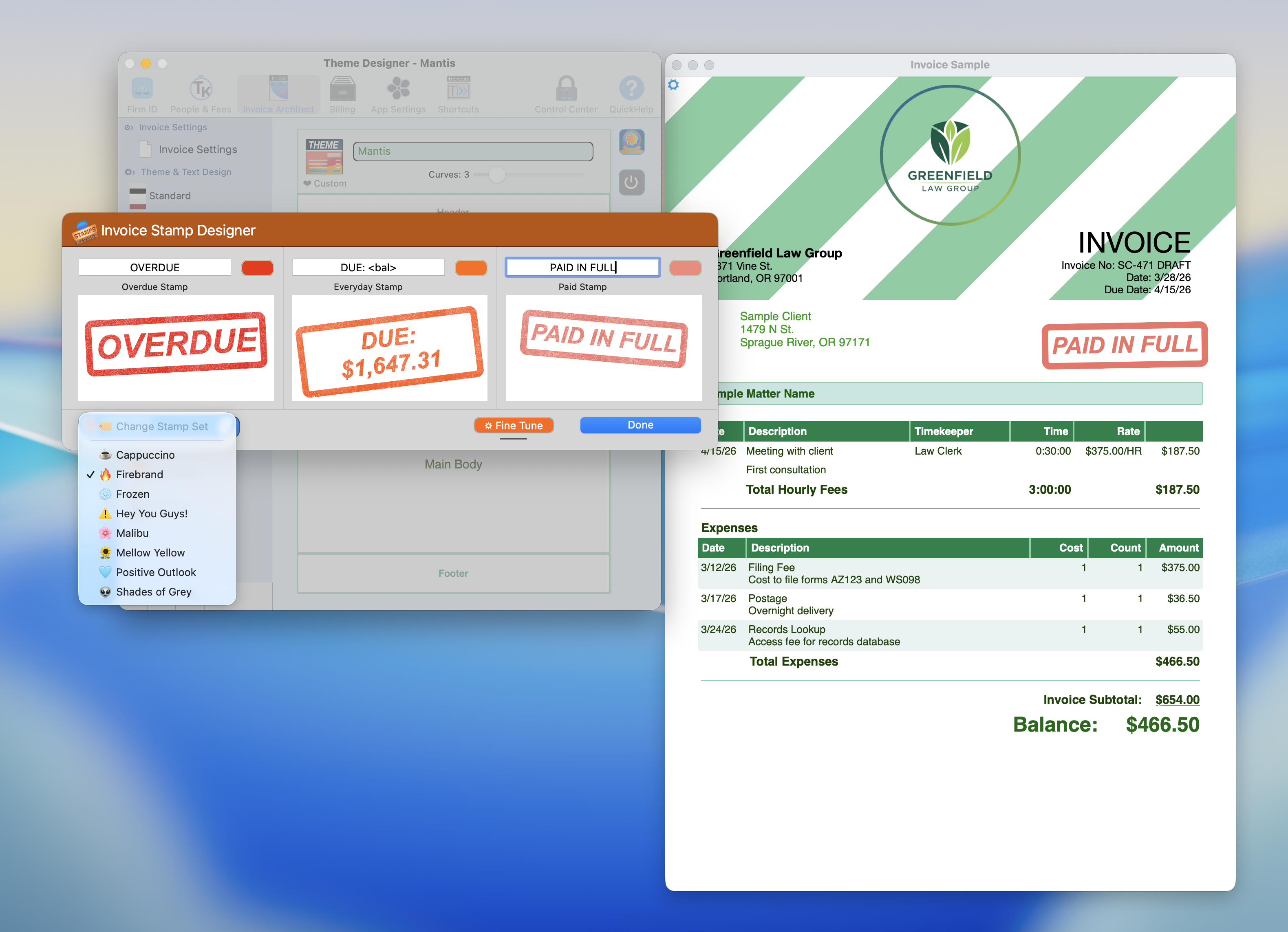 Eight stamp color sets including Cappuccino, Firebrand, Frozen, Malibu, and more