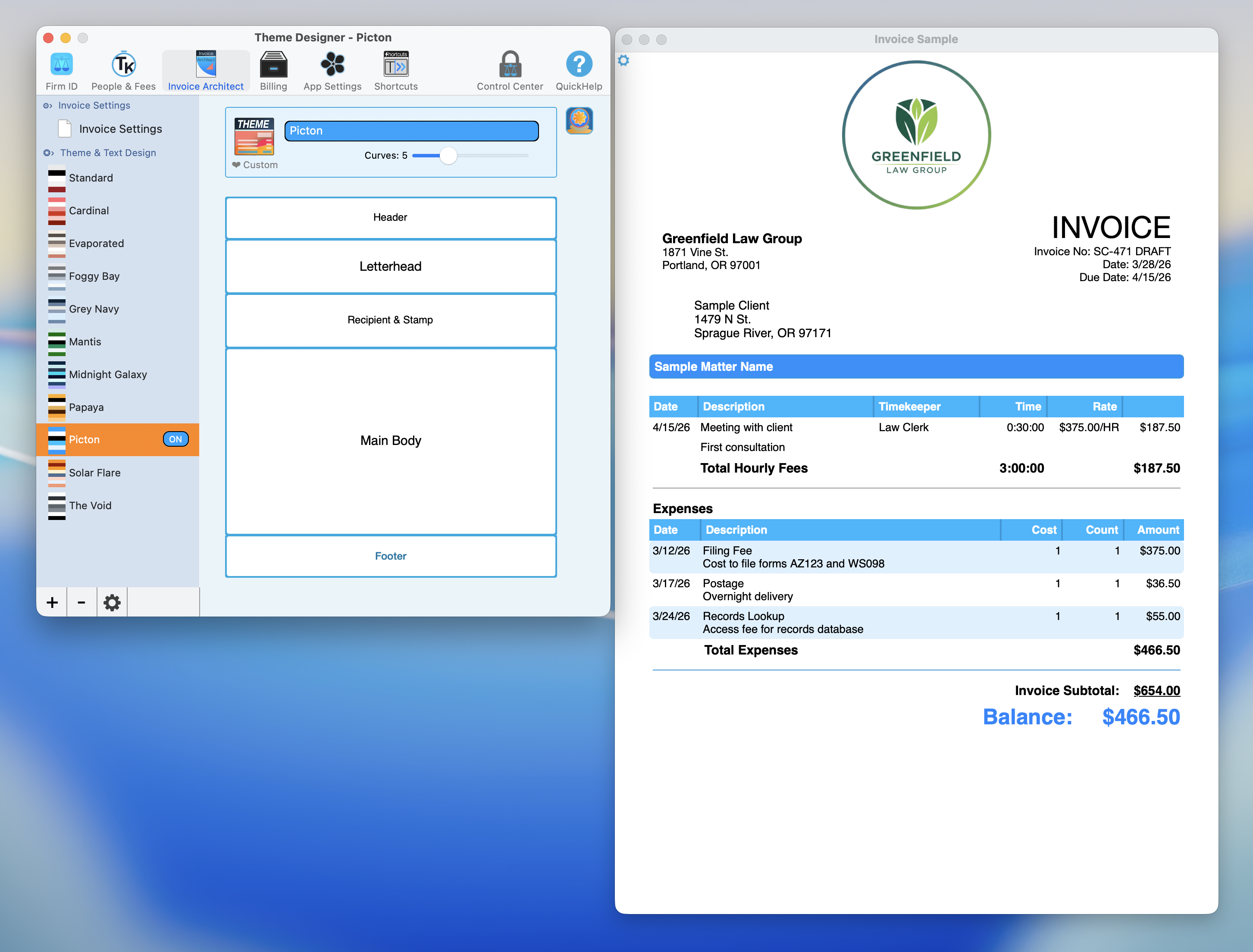 Theme Designer canvas showing the five clickable layout zones for Header, Letterhead, Recipient and Stamp, Main Body, and Footer