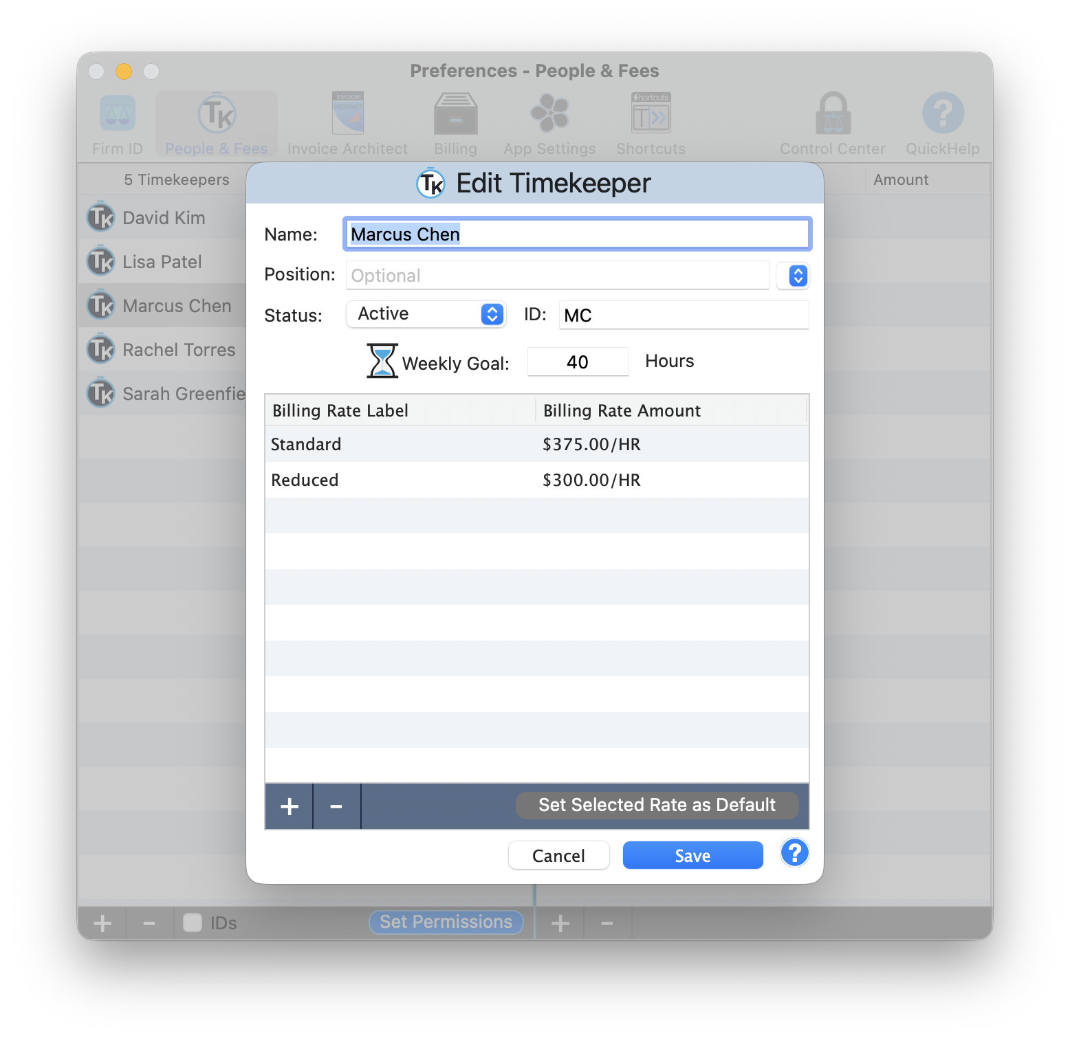 Preferences People and Fees tab showing timekeeper list and edit dialog with billing rates
