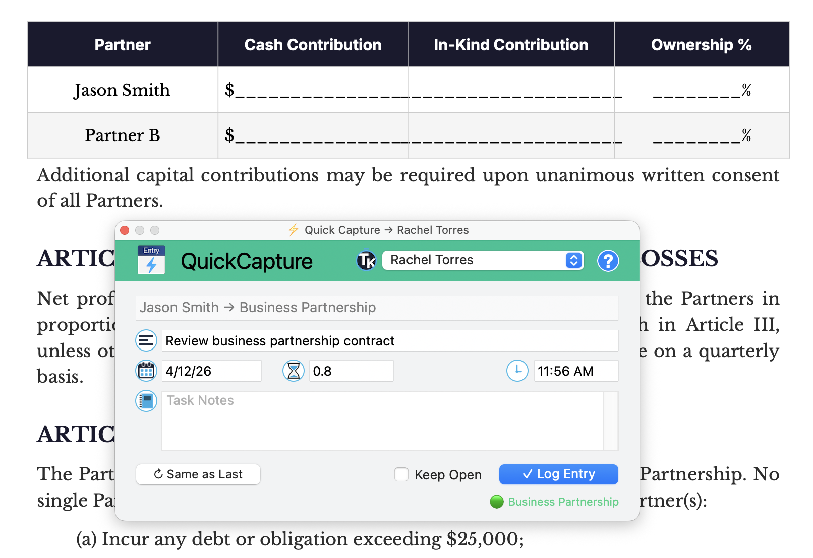 QuickCapture window floating over a document — create entries without losing context