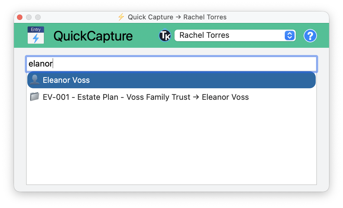 QuickCapture fuzzy matching — typing 'elanor' finds Eleanor Voss