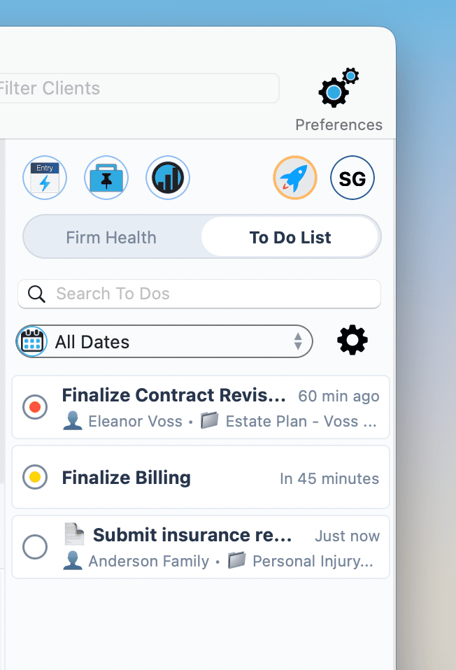 To Do List panel slid over the Health Sidebar showing task list with search, tags, date filters, and completed task toggle