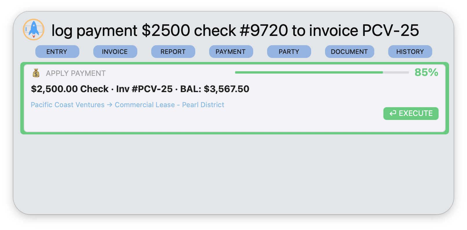 Apply Payment voice command card showing $2,500 check payment to invoice PCV-25 with 85% confidence
