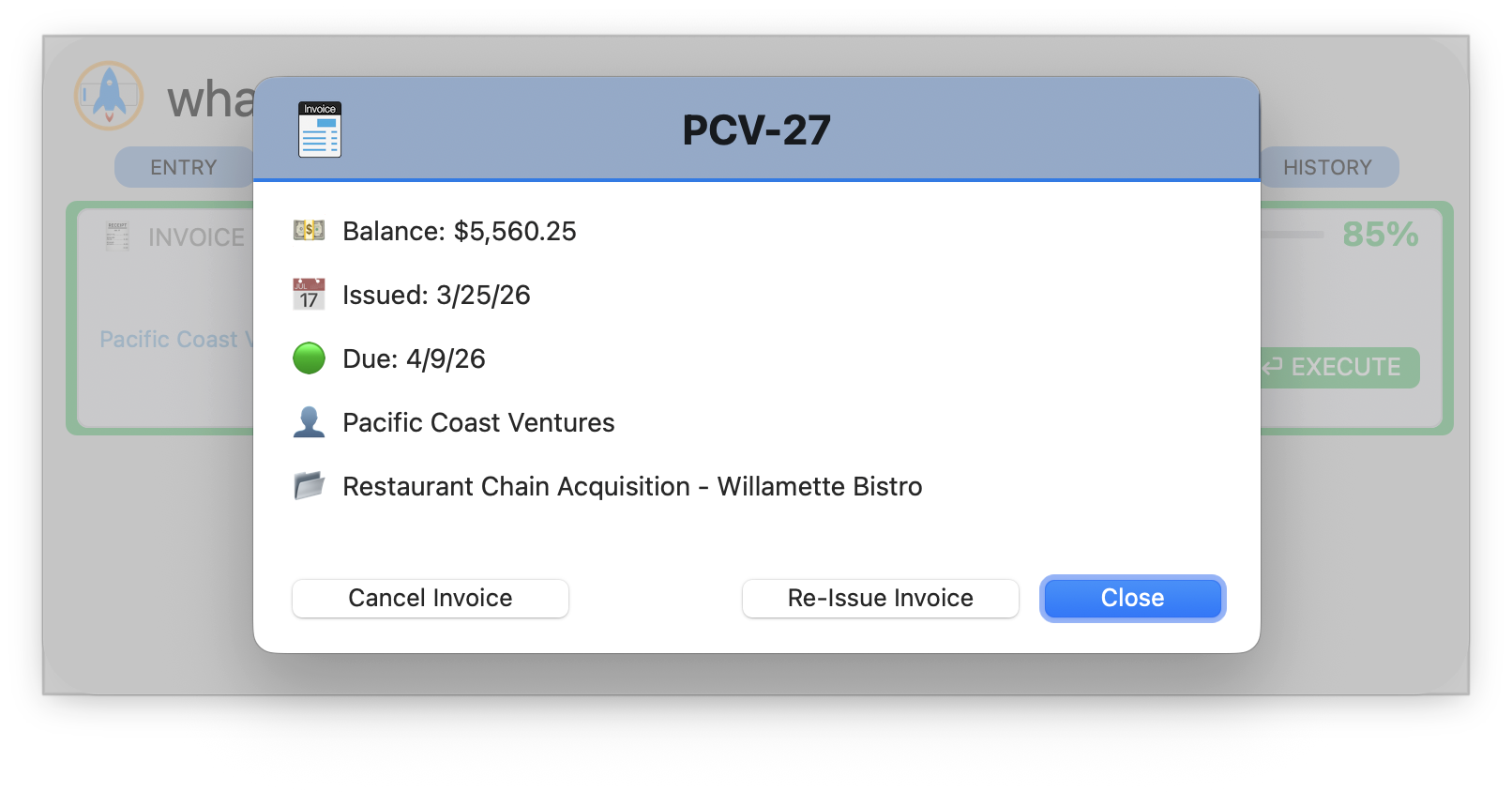 Invoice Balance detail window showing PCV-27 with balance, dates, aging indicator, and action buttons