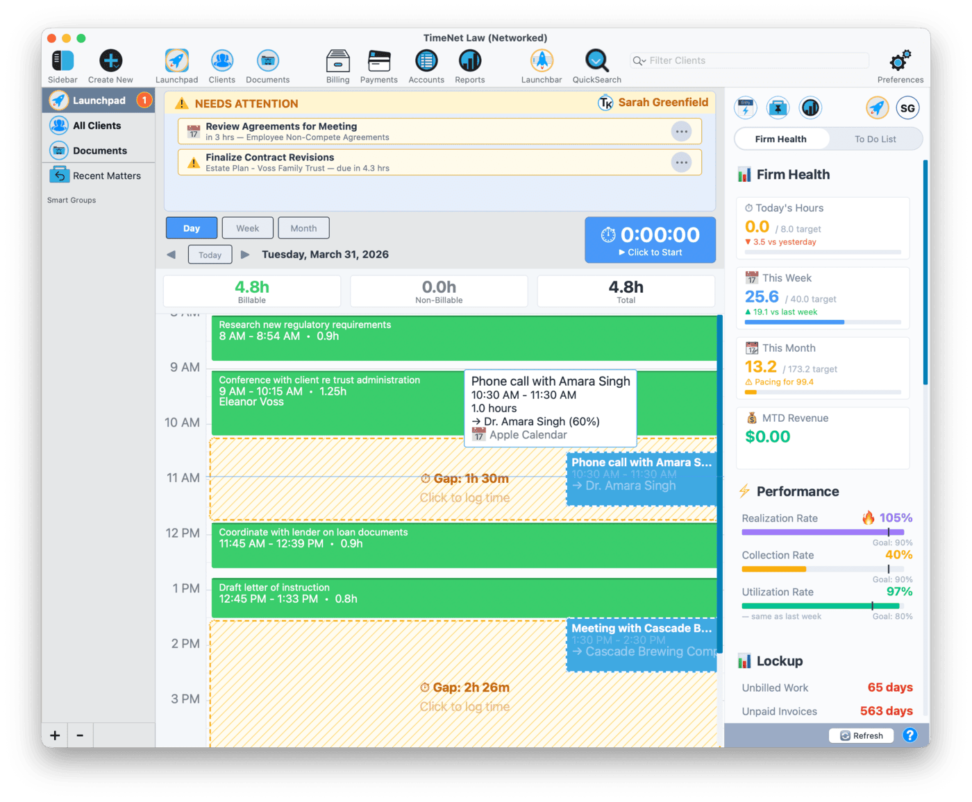 Launchpad Day view showing Apple Calendar events alongside time entries, with a Convert to Entry button visible on a calendar event