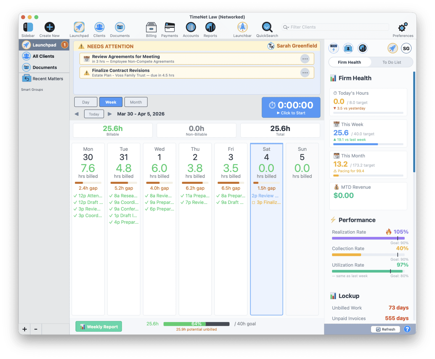 Launchpad in Week view showing time entries across five days, the Needs Attention panel with flagged items, and the Health sidebar with utilization metrics